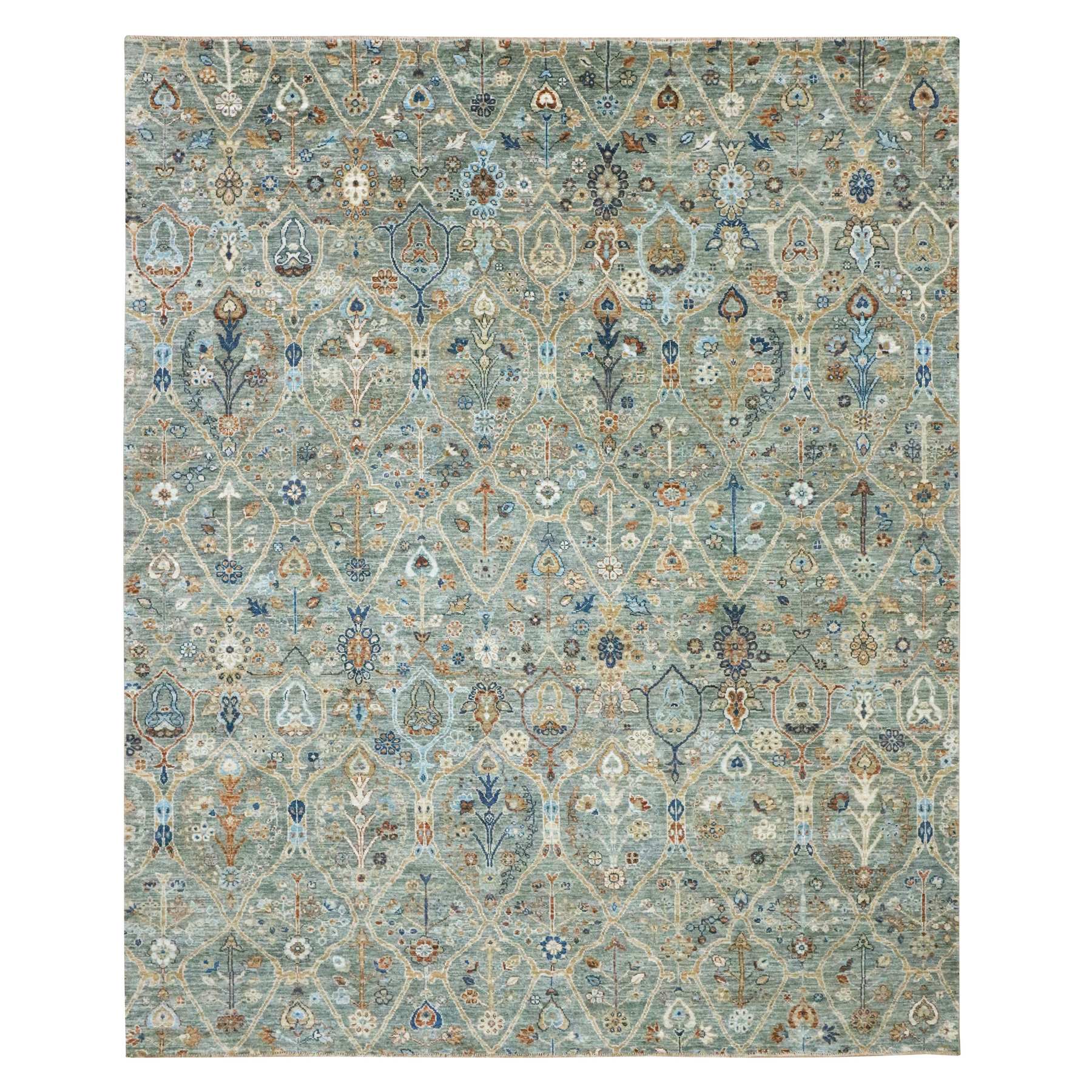 Sage Green, Hand Spun New Zealand Wool, Trellis Borderless Garden Design, Agra, Hand Knotted, Oriental Rug